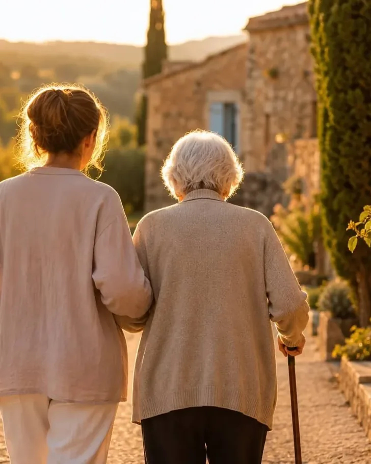Aide à domicile accompagnant une personne âgée lors d'une promenade à Figeac dans le Lot